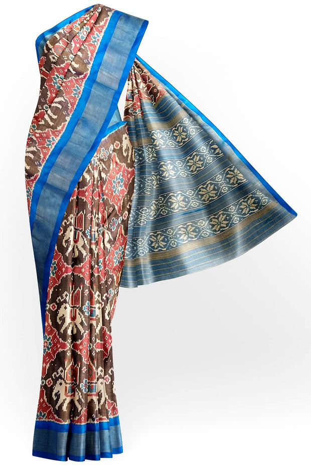 Ikat silk tissue saree in blue in chabdi kunj (elephant in circle) pattern.