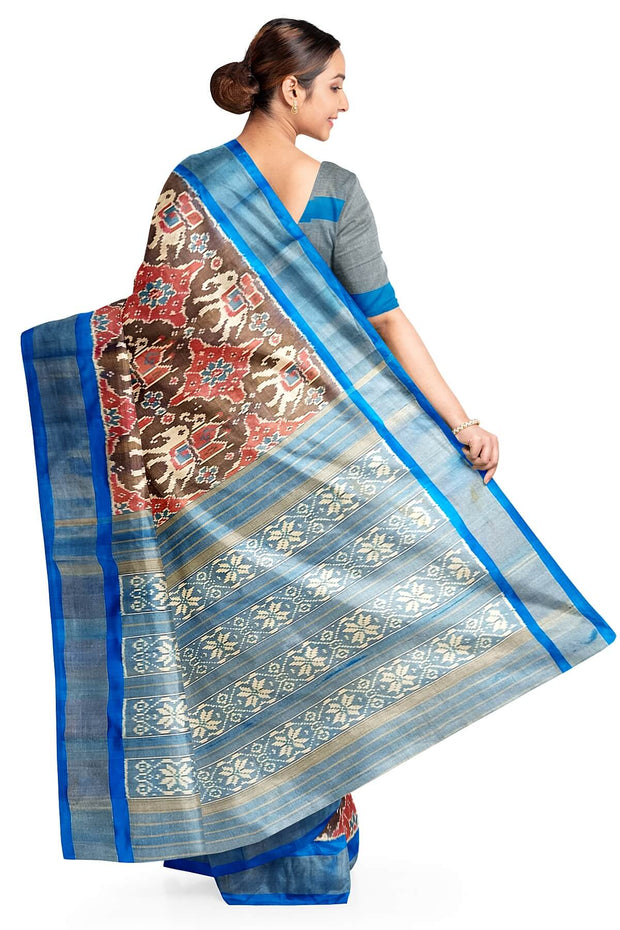 Ikat silk tissue saree in blue in chabdi kunj (elephant in circle) pattern.