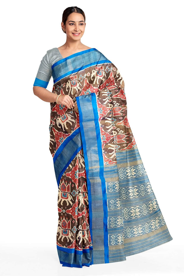 Ikat silk tissue saree in blue in chabdi kunj (elephant in circle) pattern.