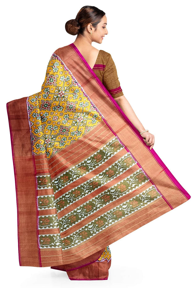 Ikat silk tissue saree in mustard in navratan pattern