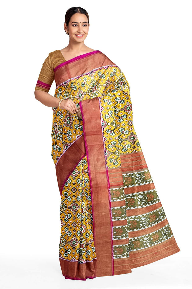 Ikat silk tissue saree in mustard in navratan pattern