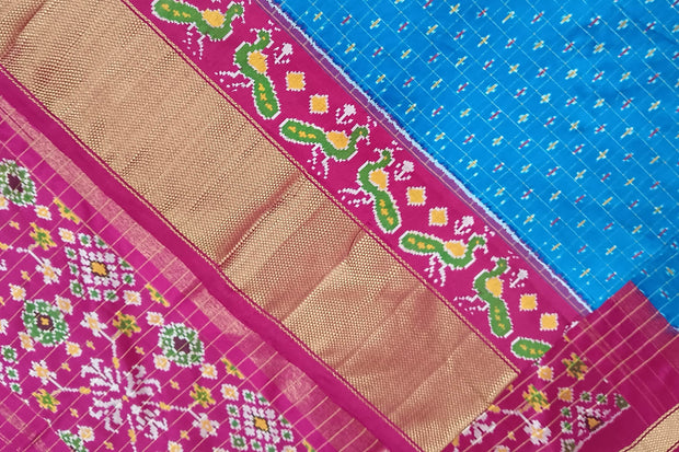 Handwoven ikat pure silk saree in blue in fine checks