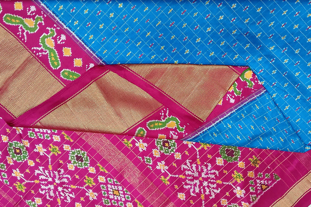 Handwoven ikat pure silk saree in blue in fine checks