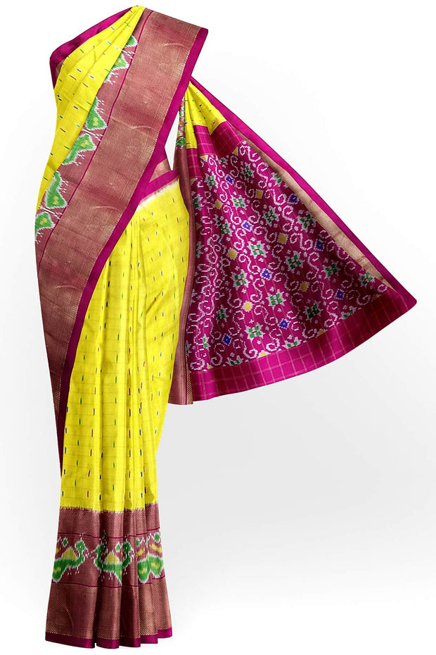 Handwoven ikat pure silk saree in  yellow in fine checks with bird motifs in skirt border
