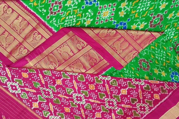 Handwoven ikat pure silk saree in green in navratan pattern