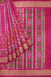 Handwoven ikat pure silk saree  in pink  in  combination of diamond &  pan bhat patterns.