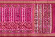 Handwoven ikat pure silk saree  in pink  in  combination of diamond &  pan bhat patterns.