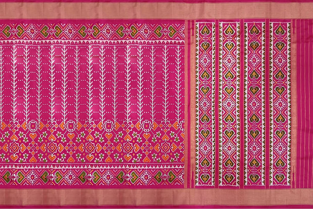 Handwoven ikat pure silk saree  in pink  in  combination of diamond &  pan bhat patterns.