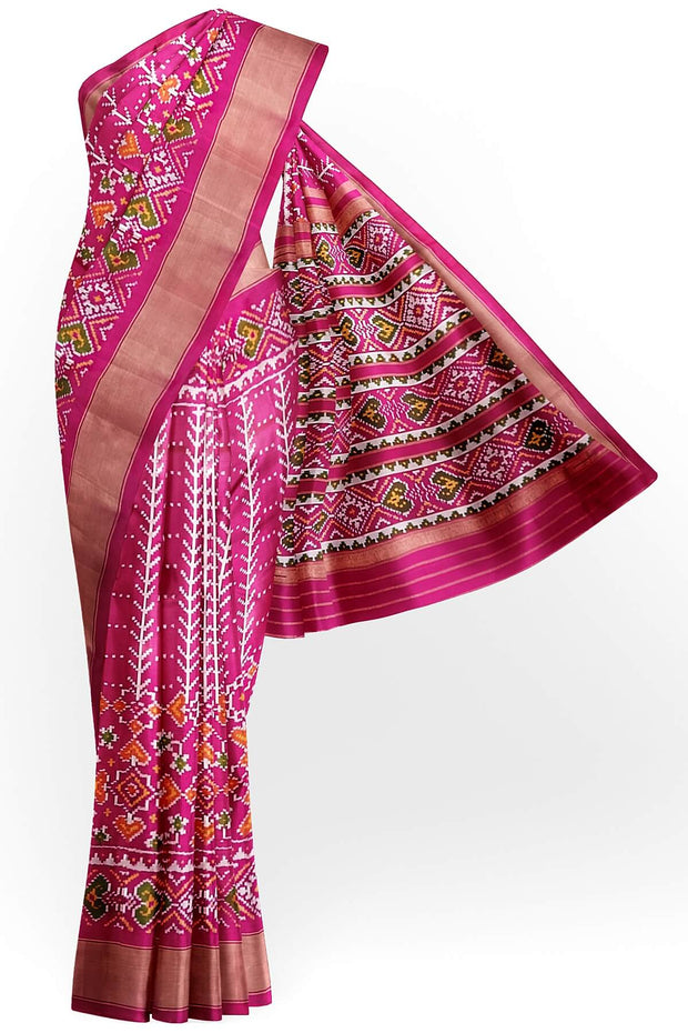 Handwoven ikat pure silk saree  in pink  in  combination of diamond &  pan bhat patterns.