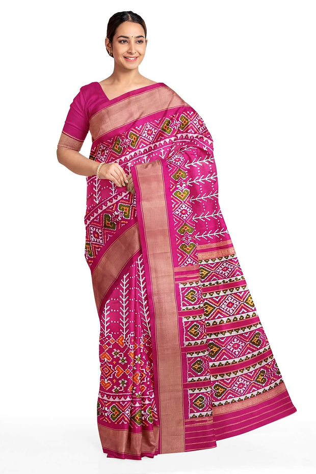 Handwoven ikat pure silk saree  in pink  in  combination of diamond &  pan bhat patterns.