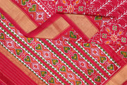 Handwoven ikat pure silk saree  in red in  combination of diamond &  pan bhat patterns.