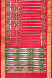 Handwoven ikat pure silk saree  in red in  combination of diamond &  pan bhat patterns.
