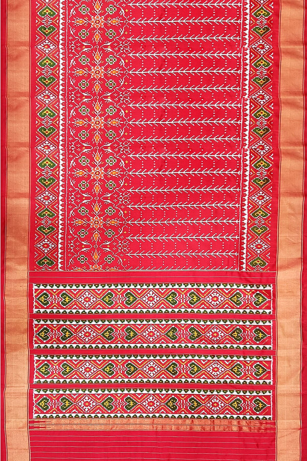 Handwoven ikat pure silk saree  in red in  combination of diamond &  pan bhat patterns.