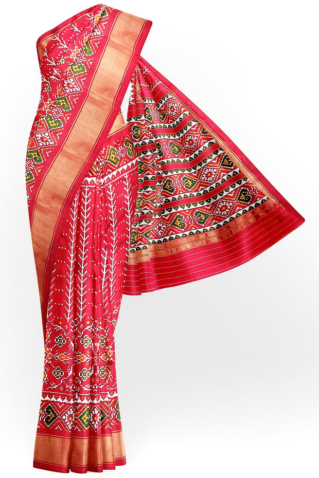 Handwoven ikat pure silk saree  in red in  combination of diamond &  pan bhat patterns.