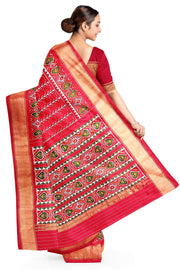 Handwoven ikat pure silk saree  in red in  combination of diamond &  pan bhat patterns.