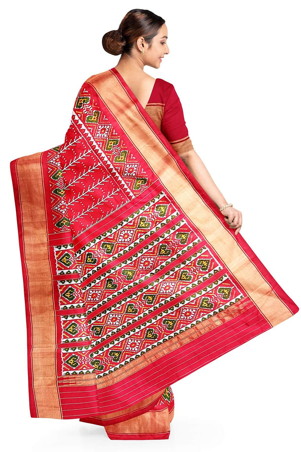Handwoven ikat pure silk saree  in red in  combination of diamond &  pan bhat patterns.