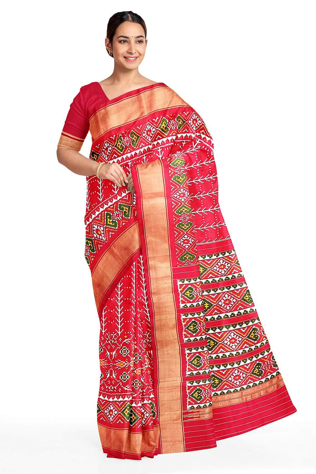 Handwoven ikat pure silk saree  in red in  combination of diamond &  pan bhat patterns.