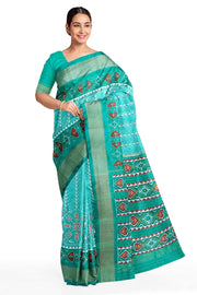 Handwoven ikat pure silk saree  in teal green  in  combination of diamond &  pan bhat patterns.