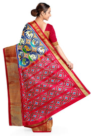 Ikat pure silk saree in double shaded blue with plant & animal pattern on  the body.