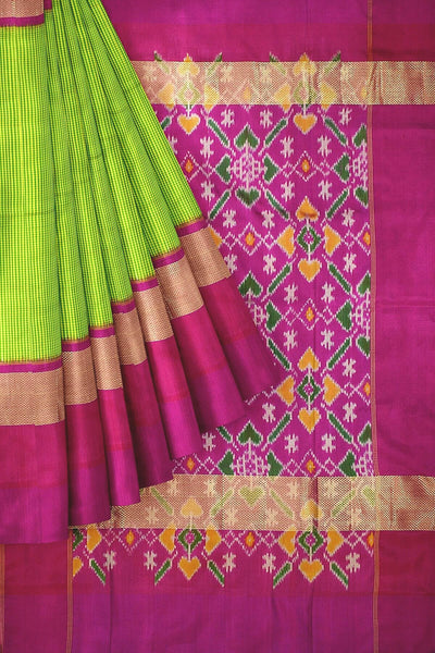 Handwoven Ikat silk saree in green  in fine checks