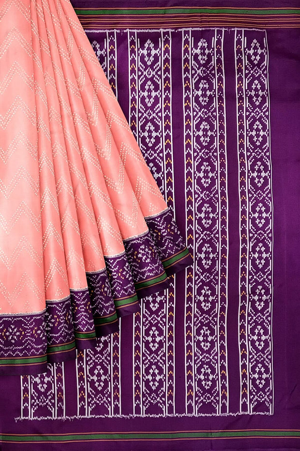Handwoven Ikat pure silk saree in peach in zig zag pattern