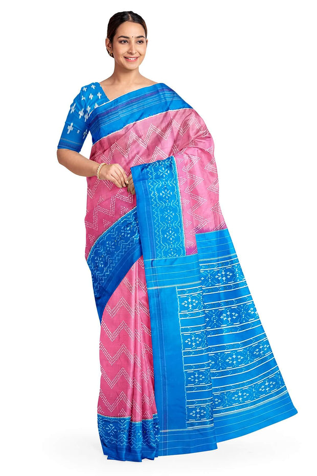 Handwoven Ikat pure silk saree in pink in zig zag pattern