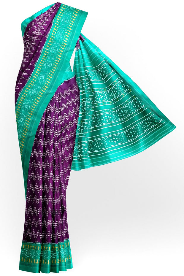 Handwoven Ikat pure silk saree in purple in zig zag pattern