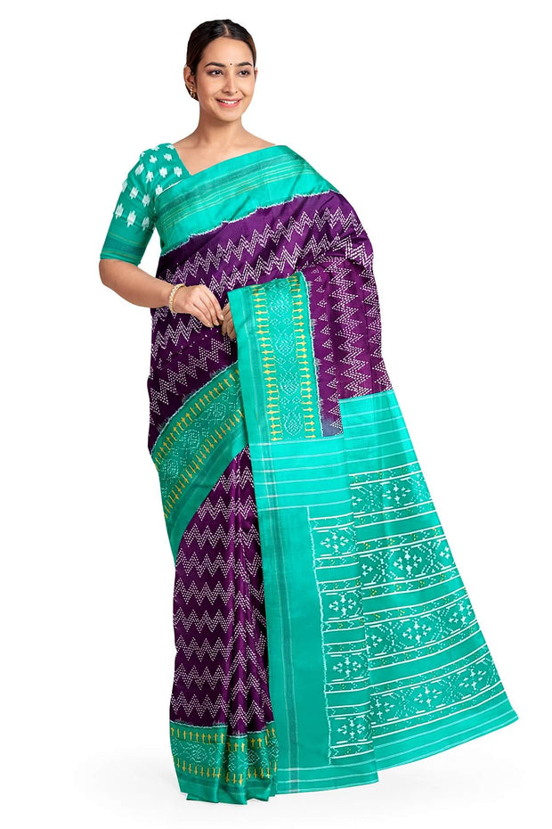 Handwoven Ikat pure silk saree in purple in zig zag pattern