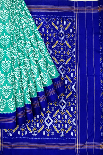 Ikat pure silk saree in green in  floral pattern with contrast pallu