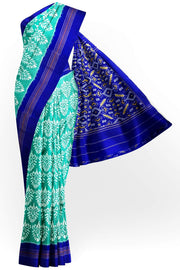 Ikat pure silk saree in green in  floral pattern with contrast pallu