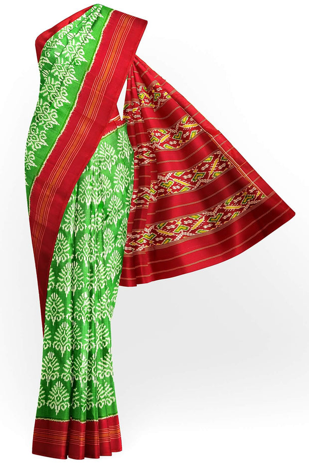 Ikat pure silk saree in mint green in  floral pattern with contrast pallu