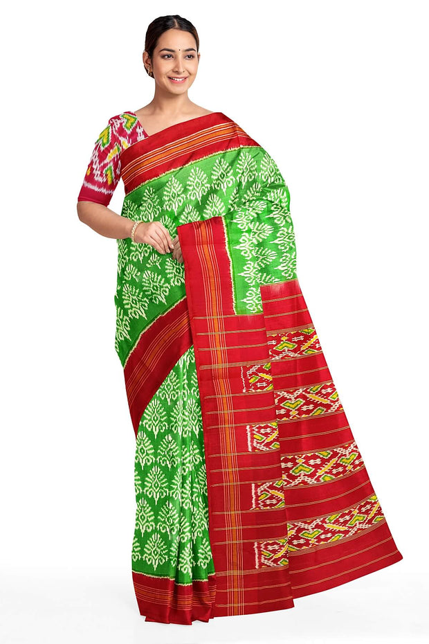 Ikat pure silk saree in mint green in  floral pattern with contrast pallu
