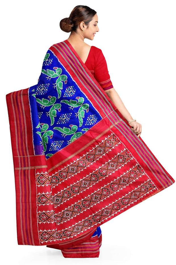 Ikat pure silk saree in blue with parrot motifs