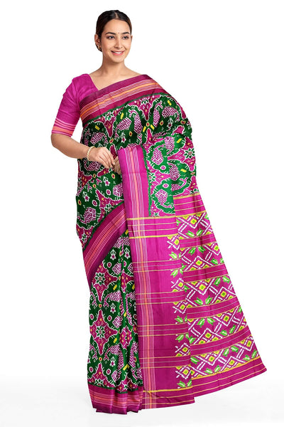 Ikat pure silk saree in bottle green in fish pattern