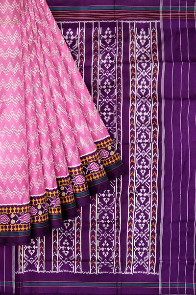 Ikat pure silk saree in pink in zig  zag pattern with contrast pallu