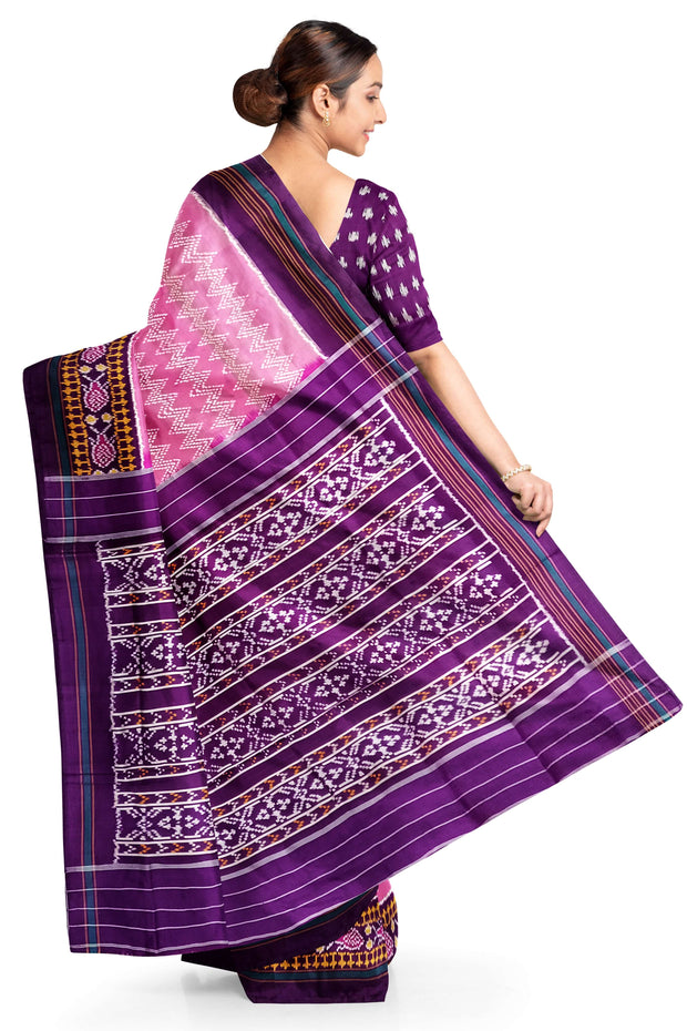Ikat pure silk saree in pink in zig  zag pattern with contrast pallu