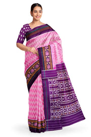Ikat pure silk saree in pink in zig  zag pattern with contrast pallu