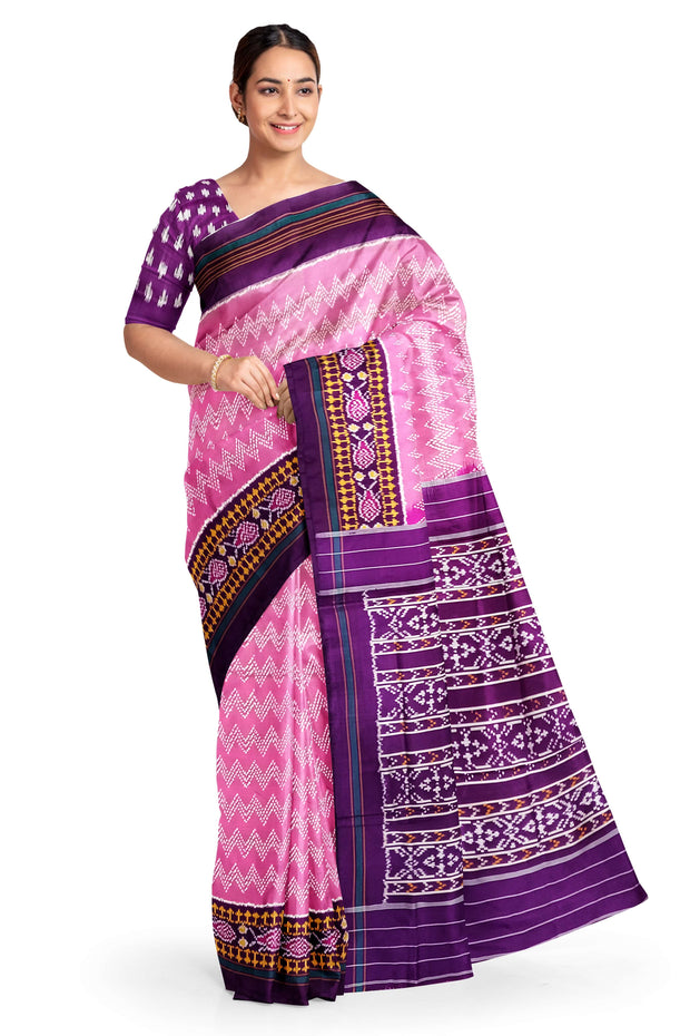 Ikat pure silk saree in pink in zig  zag pattern with contrast pallu