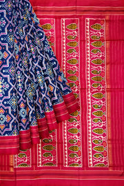 Ikat pure silk saree in blue in patola pattern with contrast pallu