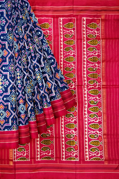 Ikat pure silk saree in blue in patola pattern with contrast pallu