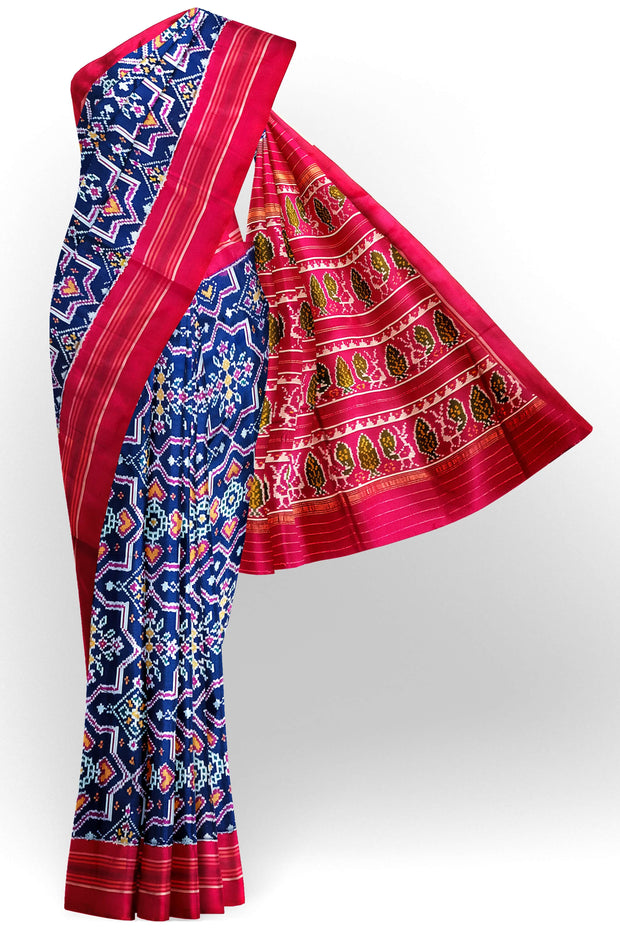 Ikat pure silk saree in blue in patola pattern with contrast pallu