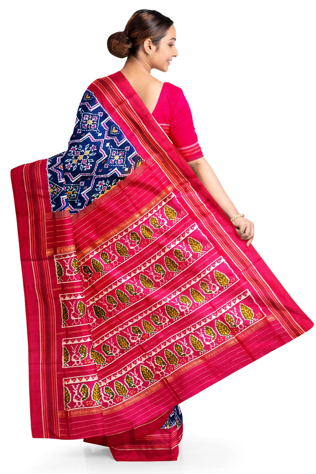 Ikat pure silk saree in blue in patola pattern with contrast pallu
