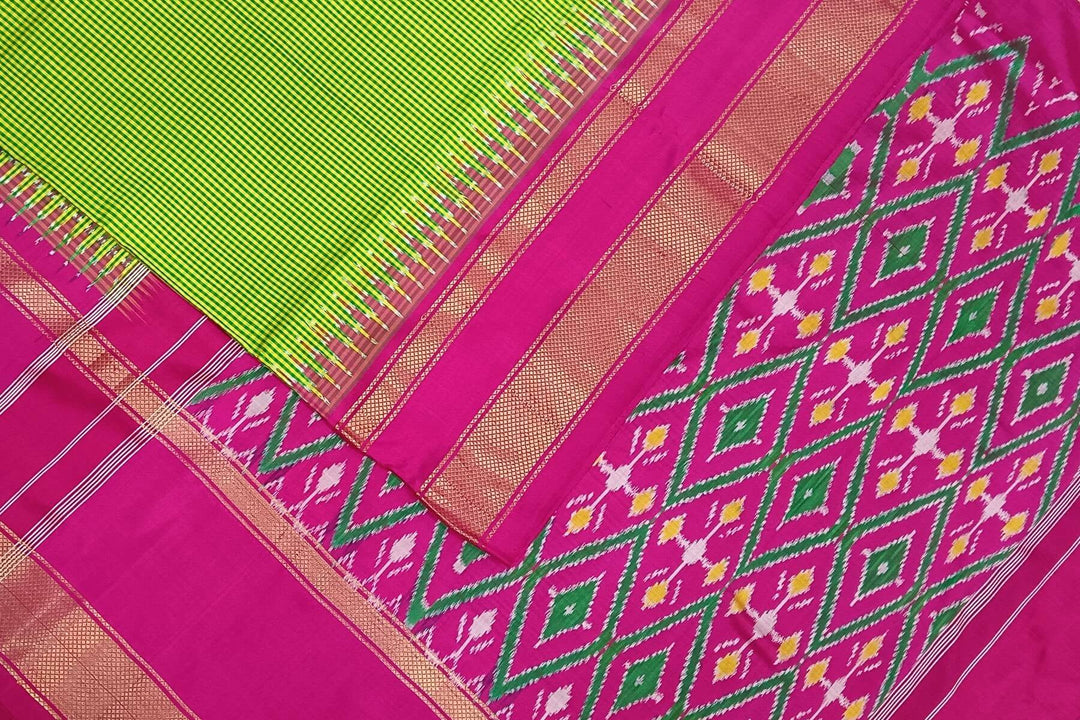 Handwoven Ikat pure silk saree in green  in fine checks