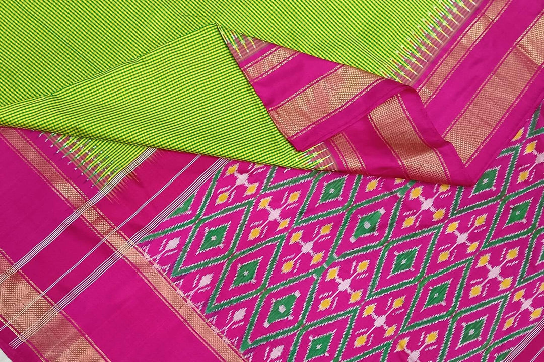 Handwoven Ikat pure silk saree in green  in fine checks