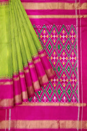 Handwoven Ikat pure silk saree in green  in fine checks