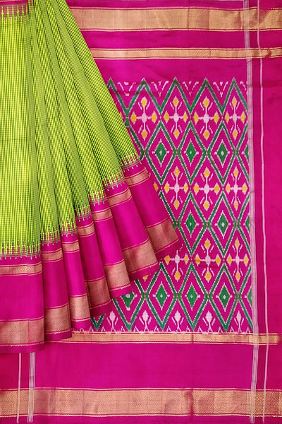 Handwoven Ikat pure silk saree in green  in fine checks