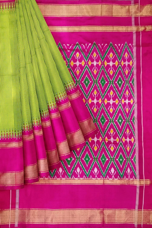 Handwoven Ikat pure silk saree in green  in fine checks