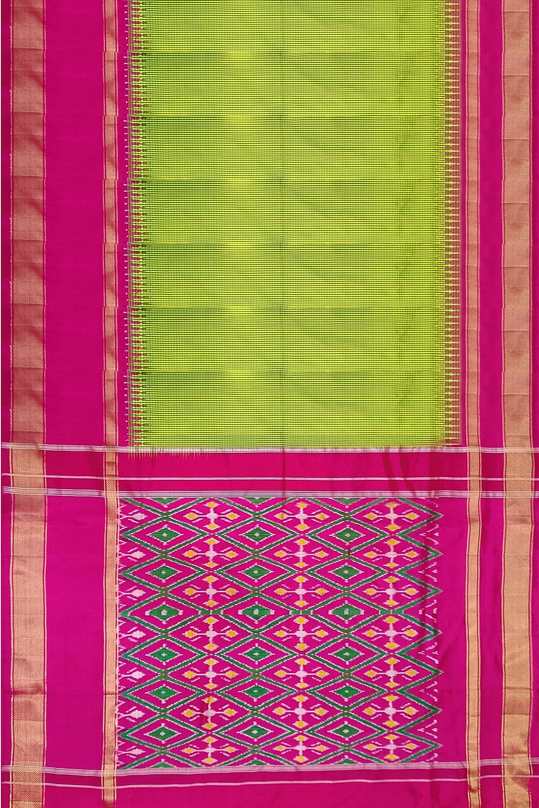 Handwoven Ikat pure silk saree in green  in fine checks
