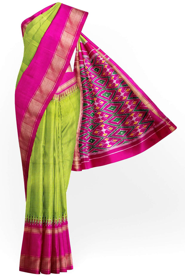 Handwoven Ikat pure silk saree in green  in fine checks