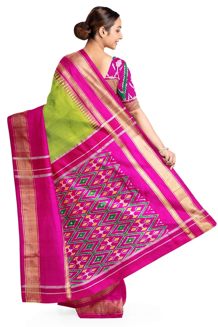 Handwoven Ikat pure silk saree in green  in fine checks